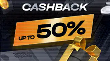 Banner with the text Cashback up to 50% against a dark-toned background with gold elements, symbolizing a bonus offer from GetX.